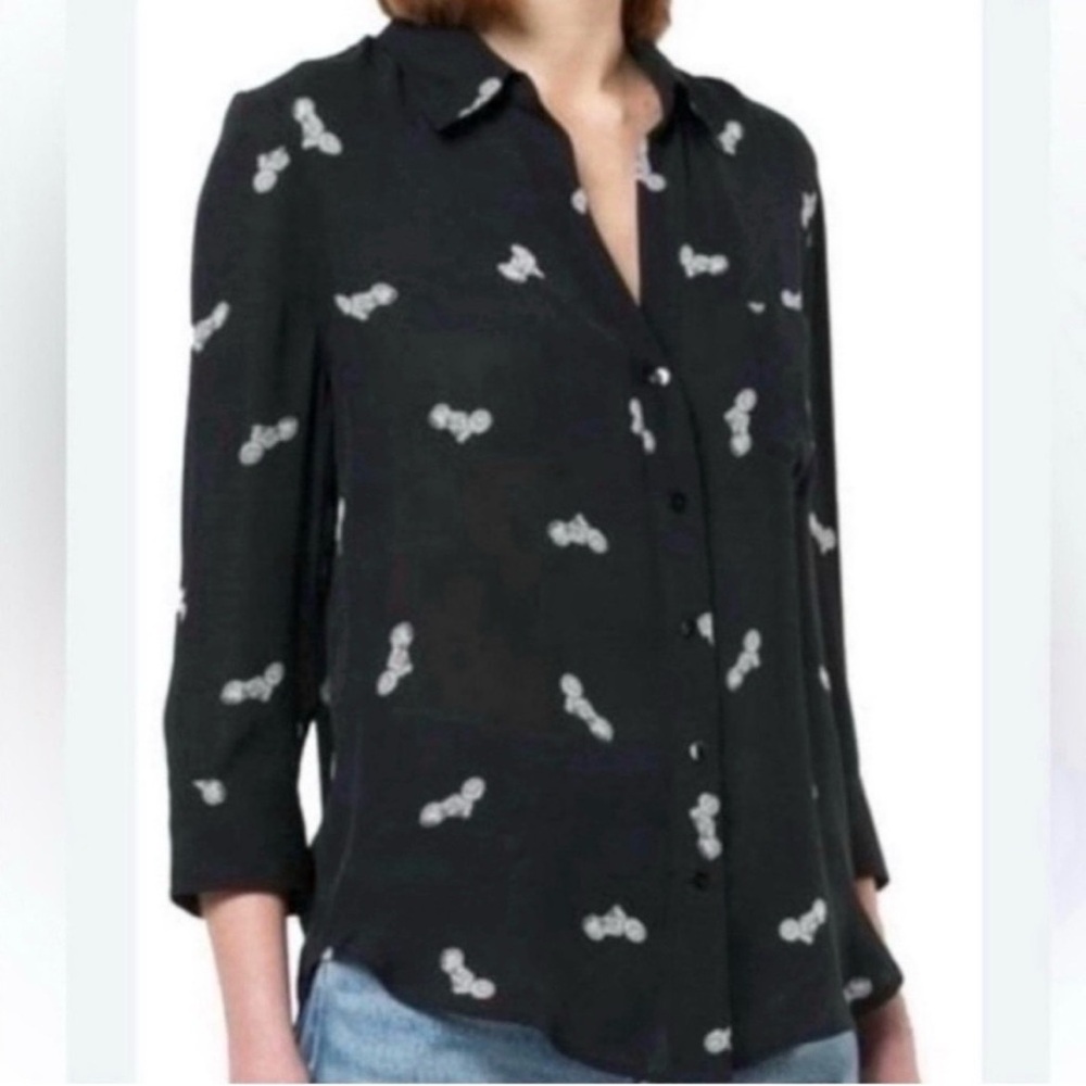L'Agence Motorcycle Print Silk Blouse 3/4 Sleeves - Moto-Business-Small - EUC